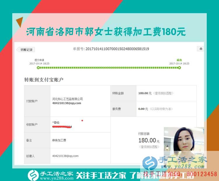 下班后足不出戶在家賺錢,河南省洛陽市郭女士找到了手工活之家的串珠珠繡畫手工活兼職(圖1)